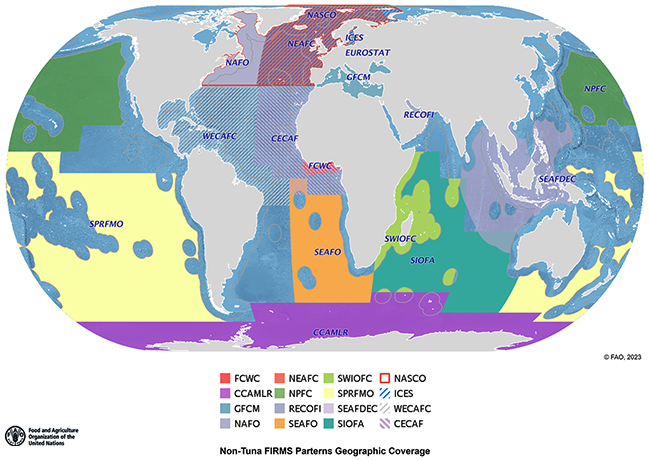 FIRMS Partnership - geographic coverage concerning non-Tuna regional fishery bodies (current partners: CCAMLR, CECAF, EUROSTAT, FCWC, GFCM, ICES, NAFO, NASCO, NEAFC, NPFC, RECOFI, SEAFDEC, SEAFO, SIOFA, SPRFMO, SWIOFC, WECAFC)