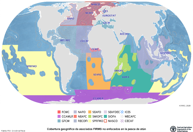 La asociación FIRMS: cobertura geográfica relativa a los órganos regionales no enfocados en la pesca de atún (socios actuales: CCAMLR, CECAF, EUROSTAT, FCWC, GFCM, ICES, NAFO, NASCO, NEAFC, NPFC, RECOFI, SEAFDEC, SEAFO, SIOFA, SPRFMO, SWIOFC, WECAFC)